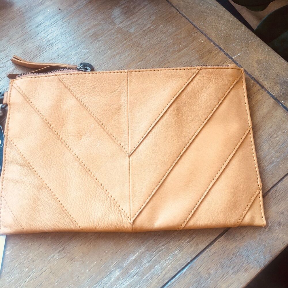 Lucky Brand Rayla Leather Wristlet AMber Yellow Chevron Stitch